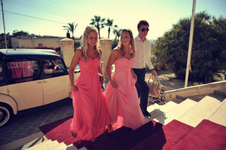 Destination wedding, pink long strapless chiffon bridesmaid dresses