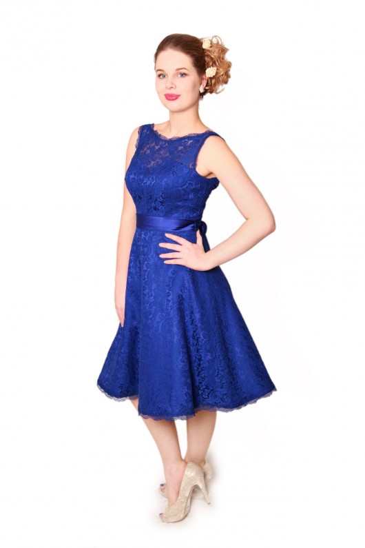 Royal Blue slash neckline 50s style bridesmaids dress