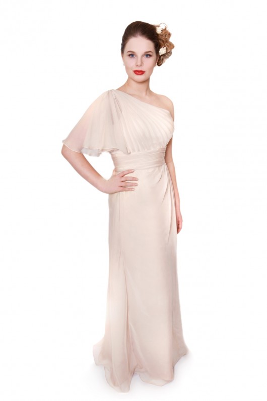 embm05, bridesmaids dresses with sleeves, nude bridesmaids dress, a-line bridesmaid dress, bridesmaid dress with pleated waist band, bridesmaids dresses in milton keynes, bridesmaid dress designer in london