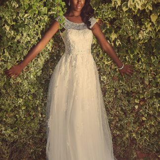 Estilo Moda Bridal shops in milton keynes fully beaded neckline lace full mulit-layered tulle skirt with scattered lace appliqué best selling design