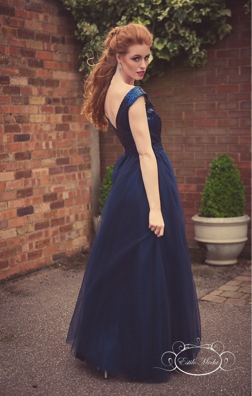 Estilo Moda Sequin V Neck bodice and multi-layered tulle ball gown skirt prom dresses in milton keynes. navy blue evening dress, blue sequin bridesmaid dress