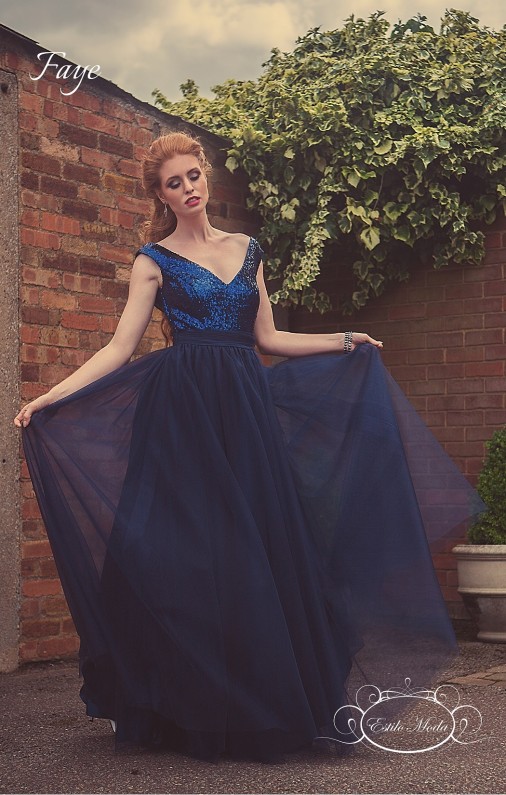 Sequin V Neck bodice and multi-layered tulle ball gown skirt prom dresses in milton keynes. navy blue evening dress, blue sequin bridesmaid dress
