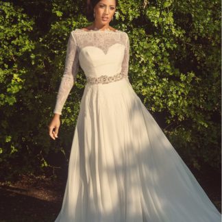 lace wedding dress with long sleeves, Estilo Moda Bridal's Long Sleeve Lace Illusion Neckline A-line chiffon skirt destination wedding dress, beach wedding dress, Victoria Back, long sleeve wedding dress, lace wedding dress, vintage wedding dress, full skirt wedding dress, elie saab wedding dress inspiration