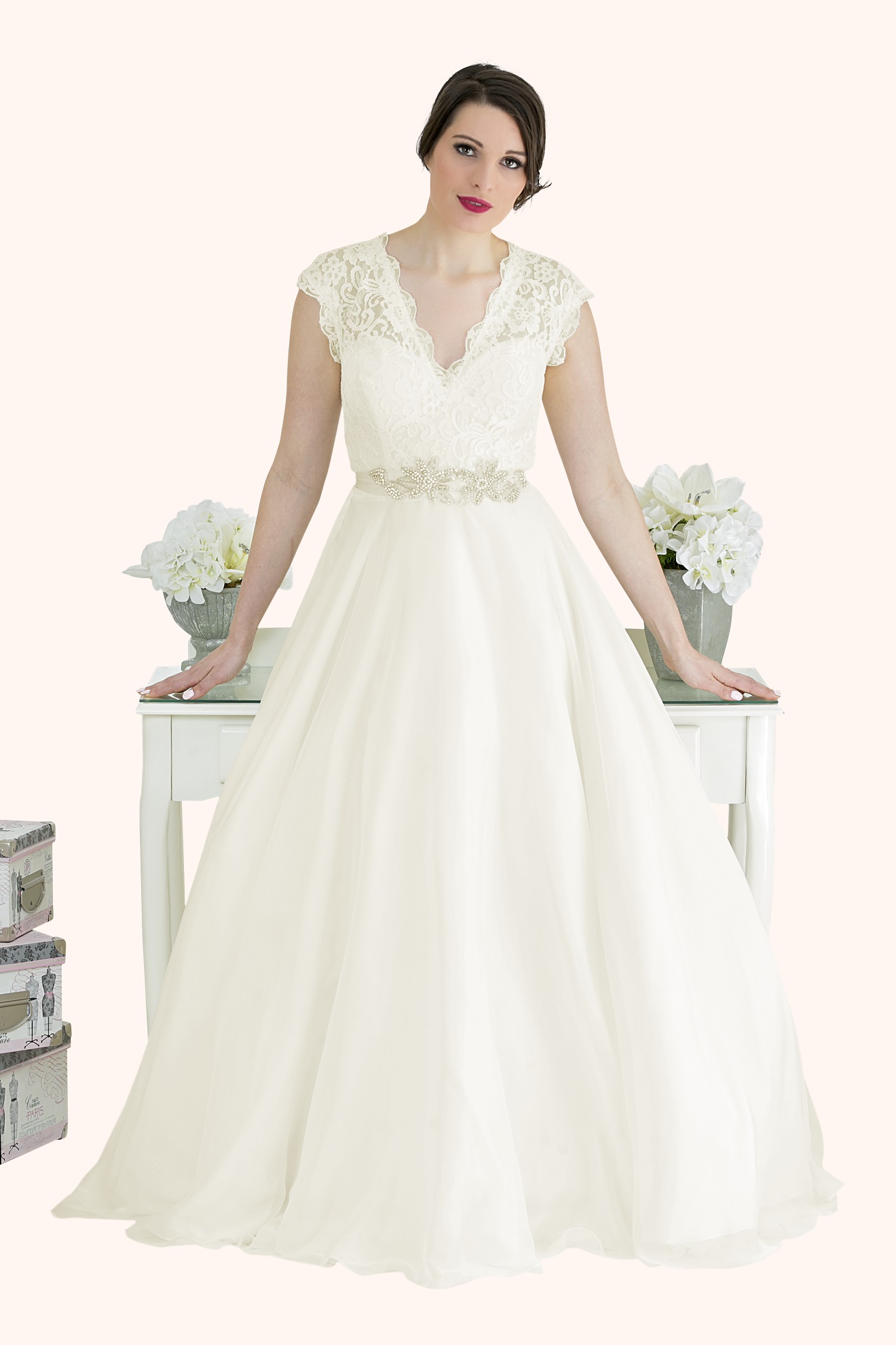 Catherine Lace V  Neck  Cap Sleeve Wedding  Dress 